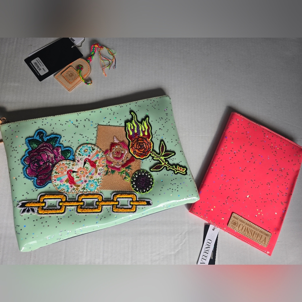 Consuela Minty Clutch and Pink Glitter Shine Notebook Bundle